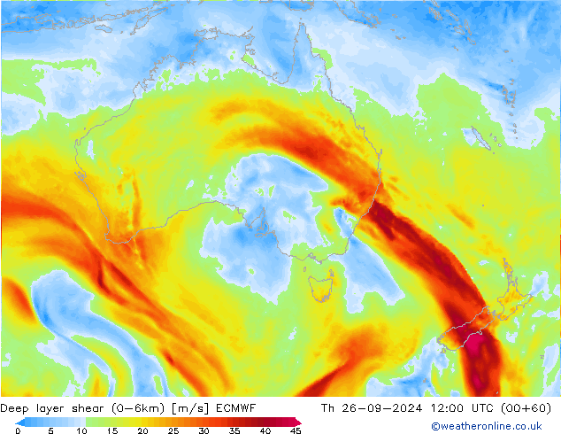 Deep layer shear (0-6km) ECMWF czw. 26.09.2024 12 UTC