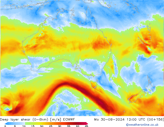 Deep layer shear (0-6km) ECMWF Po 30.09.2024 12 UTC