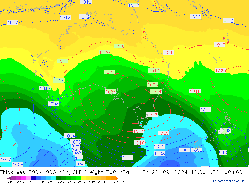 Thck 700-1000 hPa ECMWF Th 26.09.2024 12 UTC