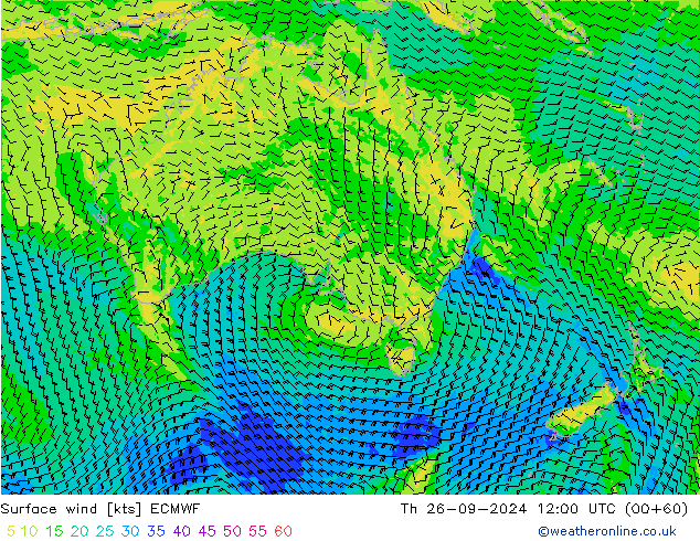 wiatr 10 m ECMWF czw. 26.09.2024 12 UTC