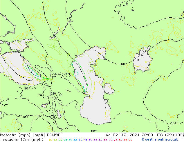 Isotachs (mph) ECMWF We 02.10.2024 00 UTC