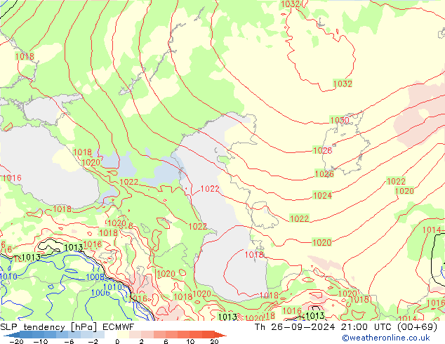 SLP tendency ECMWF Čt 26.09.2024 21 UTC