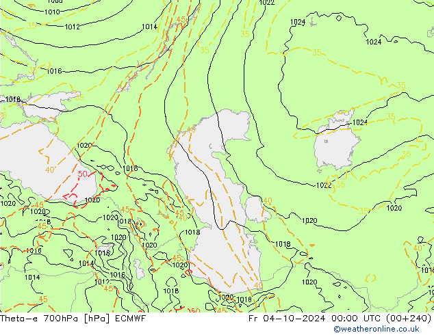 Theta-e 700гПа ECMWF пт 04.10.2024 00 UTC