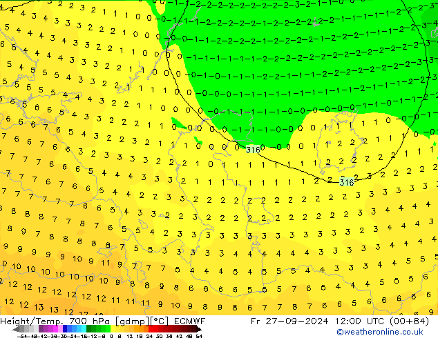 Geop./Temp. 700 hPa ECMWF vie 27.09.2024 12 UTC