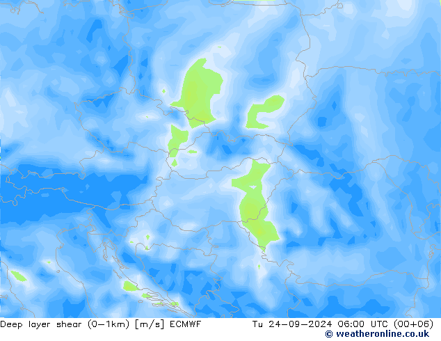 Deep layer shear (0-1km) ECMWF  24.09.2024 06 UTC