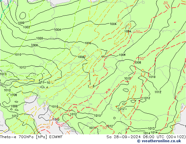 Theta-e 700hPa ECMWF So 28.09.2024 06 UTC