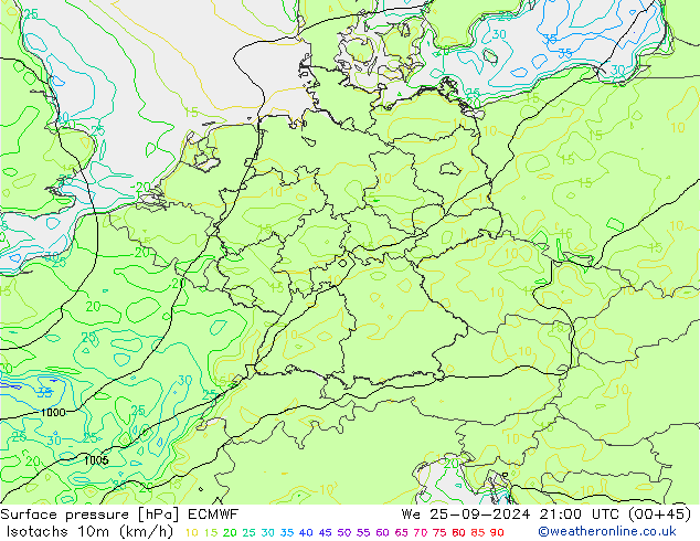 Isotaca (kph) ECMWF mié 25.09.2024 21 UTC