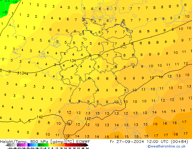 Z500/Rain (+SLP)/Z850 ECMWF Fr 27.09.2024 12 UTC