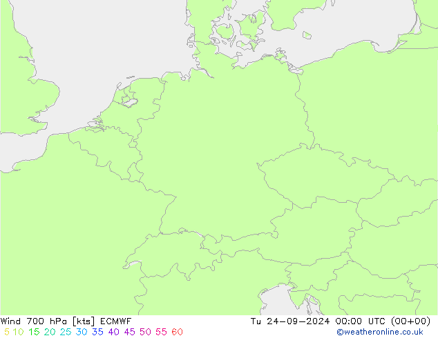 Wind 700 hPa ECMWF Út 24.09.2024 00 UTC