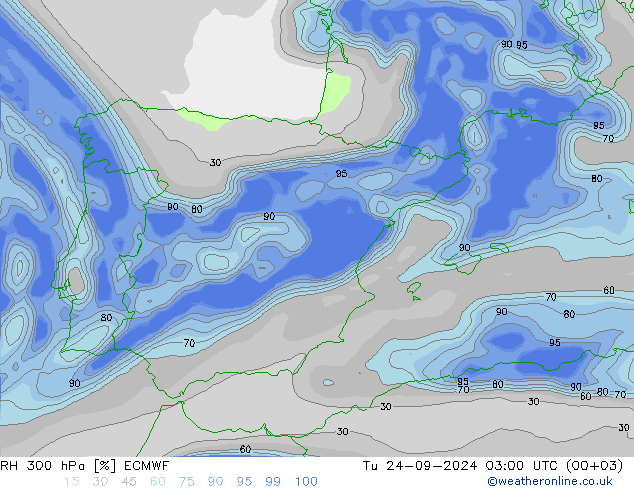 Humedad rel. 300hPa ECMWF mar 24.09.2024 03 UTC