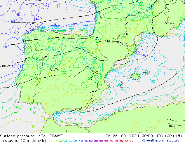 Isotachs (kph) ECMWF Th 26.09.2024 00 UTC