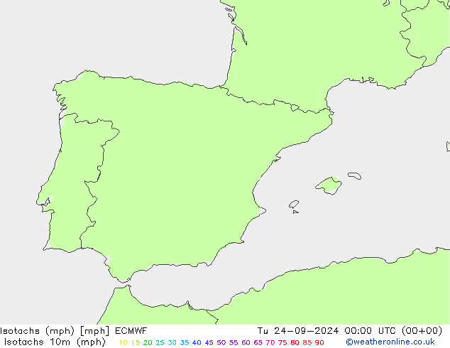 Isotachen (mph) ECMWF Di 24.09.2024 00 UTC