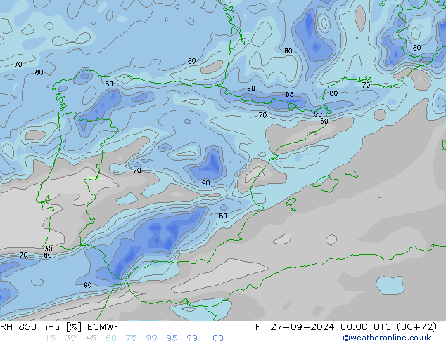 RH 850 hPa ECMWF Pá 27.09.2024 00 UTC