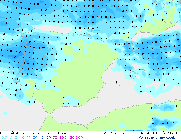 Précipitation accum. ECMWF mer 25.09.2024 06 UTC