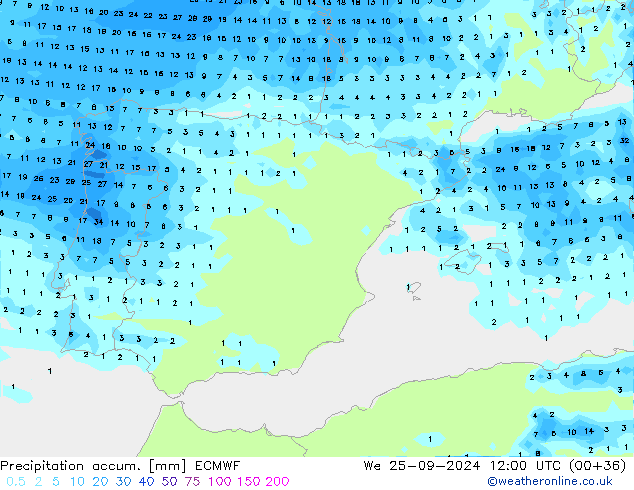 Precipitation accum. ECMWF We 25.09.2024 12 UTC