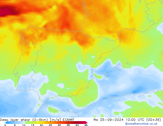 Deep layer shear (0-6km) ECMWF We 25.09.2024 12 UTC