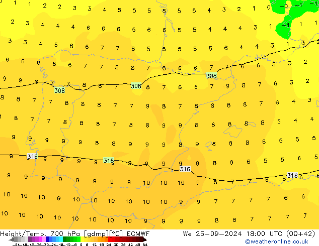 Height/Temp. 700 hPa ECMWF We 25.09.2024 18 UTC