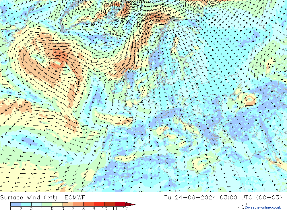 Bodenwind (bft) ECMWF Di 24.09.2024 03 UTC