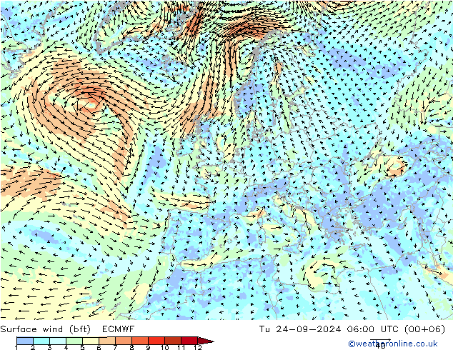 Vento 10 m (bft) ECMWF mar 24.09.2024 06 UTC