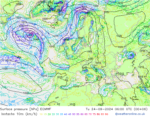 Isotachs (kph) ECMWF вт 24.09.2024 06 UTC