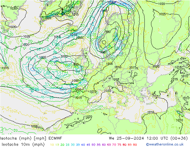 Isotachs (mph) ECMWF ср 25.09.2024 12 UTC