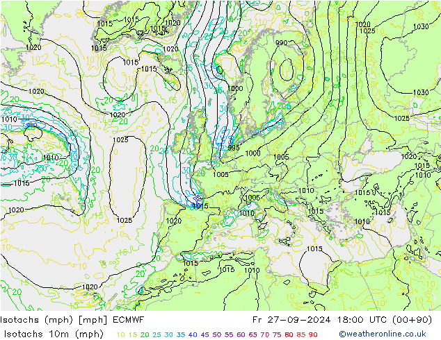 Isotachs (mph) ECMWF Fr 27.09.2024 18 UTC