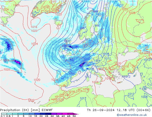 Z500/Rain (+SLP)/Z850 ECMWF jue 26.09.2024 18 UTC