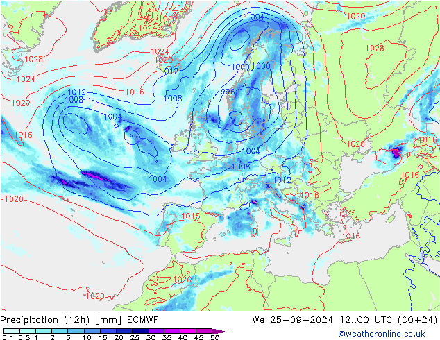 Precipitation (12h) ECMWF We 25.09.2024 00 UTC