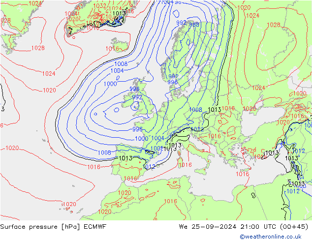 Pressione al suolo ECMWF mer 25.09.2024 21 UTC