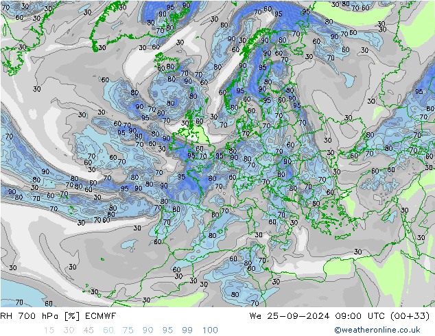 RH 700 hPa ECMWF St 25.09.2024 09 UTC