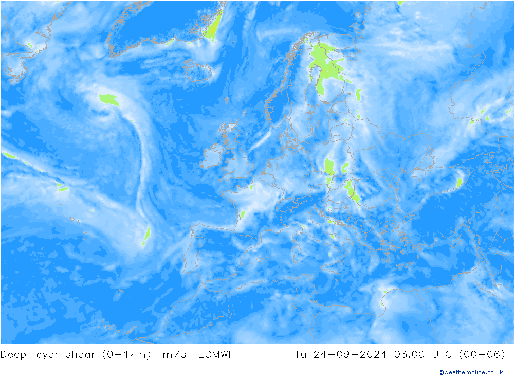 Deep layer shear (0-1km) ECMWF Tu 24.09.2024 06 UTC