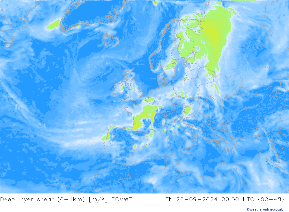 Deep layer shear (0-1km) ECMWF Per 26.09.2024 00 UTC