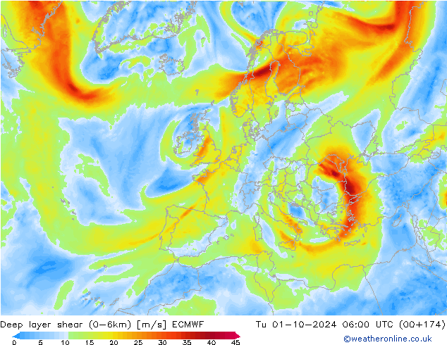 Deep layer shear (0-6km) ECMWF Tu 01.10.2024 06 UTC