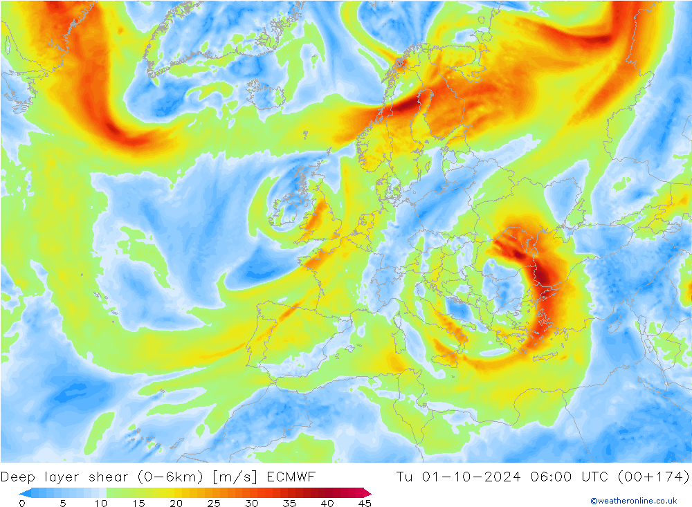 Deep layer shear (0-6km) ECMWF Sa 01.10.2024 06 UTC