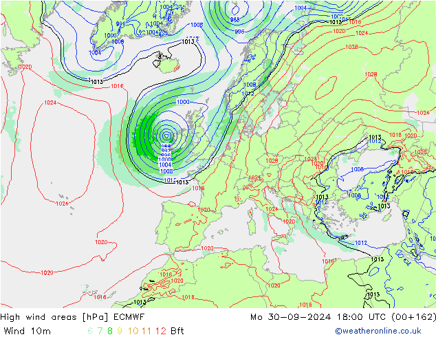 High wind areas ECMWF Mo 30.09.2024 18 UTC