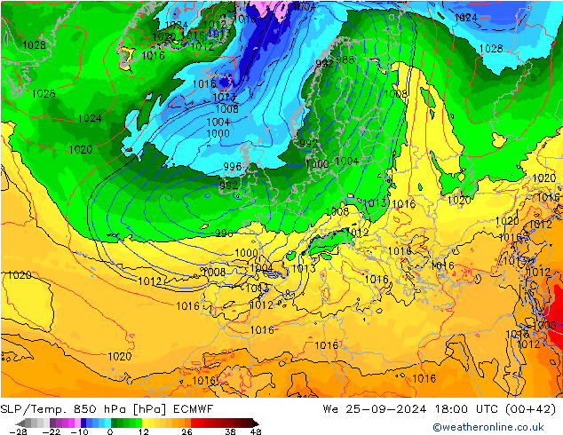 SLP/Temp. 850 hPa ECMWF Qua 25.09.2024 18 UTC