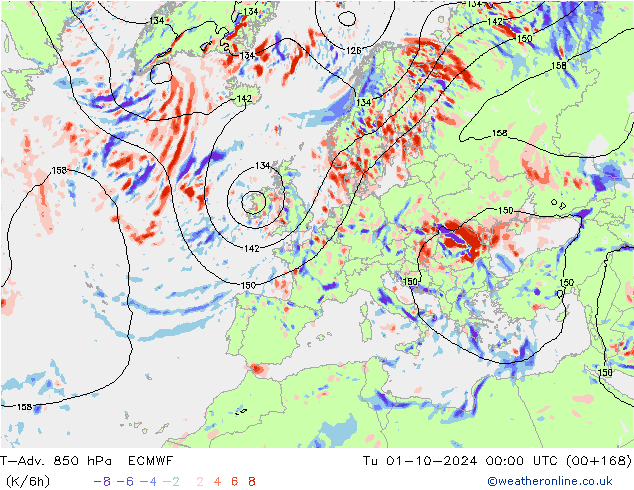 T-Adv. 850 hPa ECMWF Út 01.10.2024 00 UTC