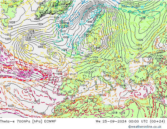 Theta-e 700hPa ECMWF śro. 25.09.2024 00 UTC