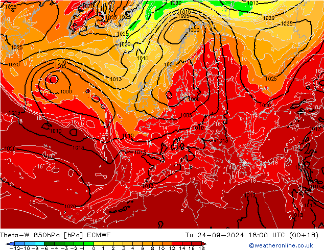 Theta-W 850hPa ECMWF Tu 24.09.2024 18 UTC