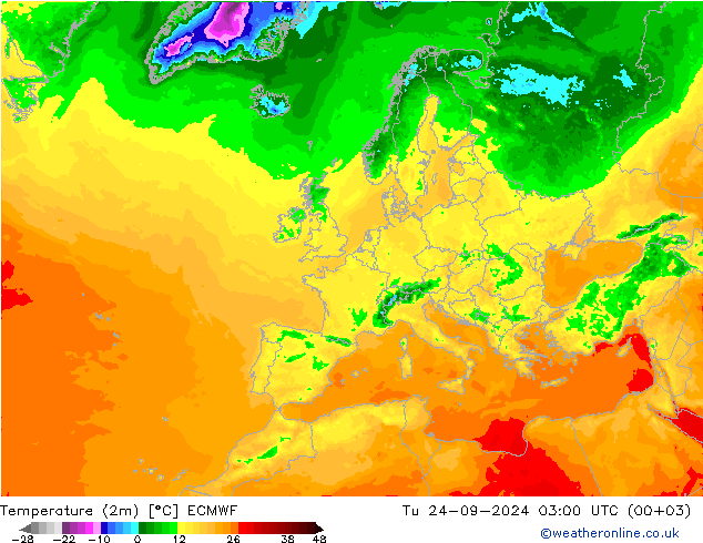 Temperaturkarte (2m) ECMWF Di 24.09.2024 03 UTC