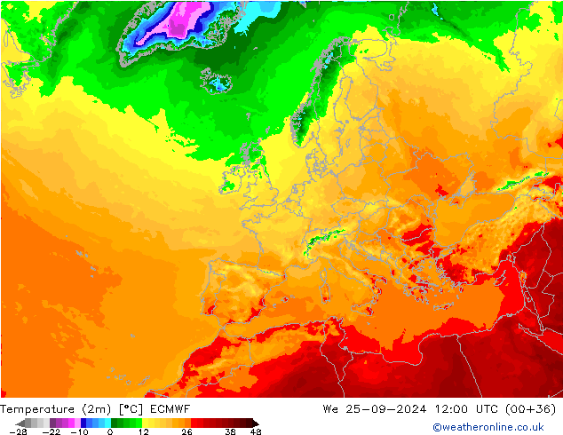 Temperatura (2m) ECMWF Qua 25.09.2024 12 UTC