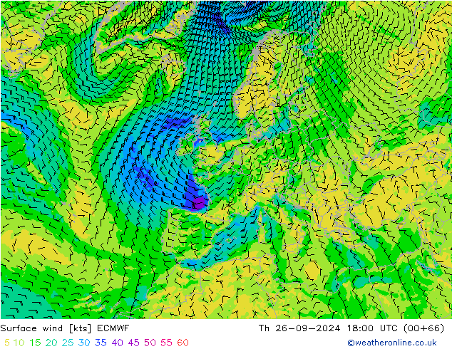 ветер 10 m ECMWF чт 26.09.2024 18 UTC