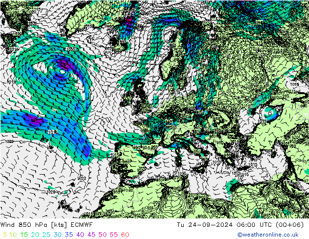 Wind 850 hPa ECMWF Tu 24.09.2024 06 UTC