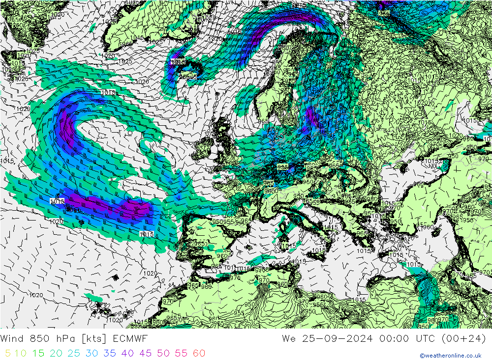 Vento 850 hPa ECMWF Qua 25.09.2024 00 UTC