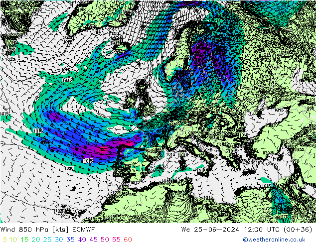 Rüzgar 850 hPa ECMWF Çar 25.09.2024 12 UTC