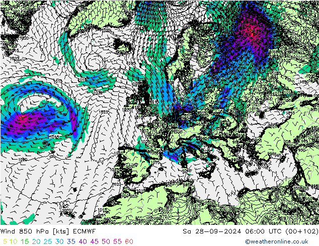 Wind 850 hPa ECMWF So 28.09.2024 06 UTC