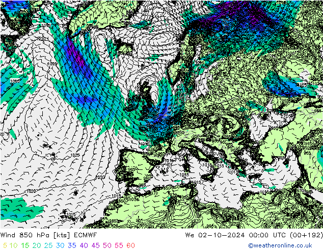 Wind 850 hPa ECMWF We 02.10.2024 00 UTC