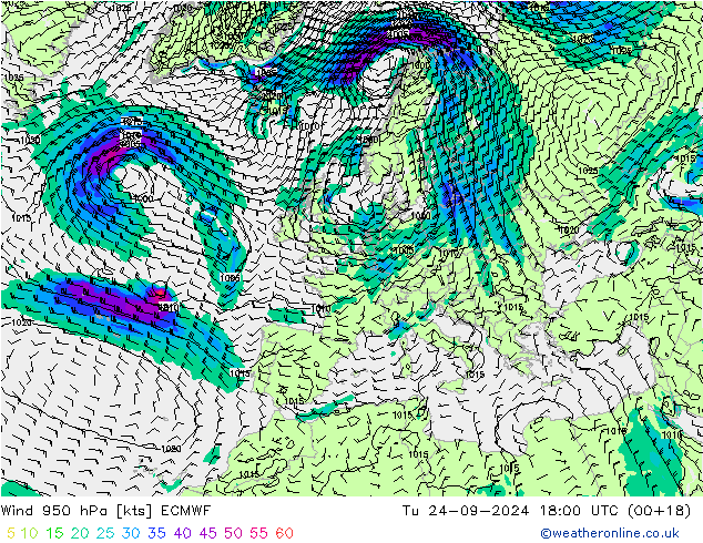 Rüzgar 950 hPa ECMWF Sa 24.09.2024 18 UTC