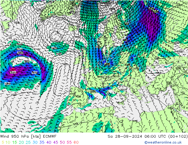 Vento 950 hPa ECMWF sab 28.09.2024 06 UTC