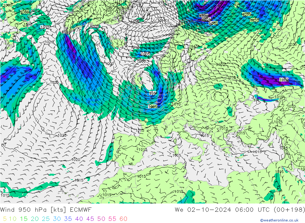 Wind 950 hPa ECMWF Mi 02.10.2024 06 UTC